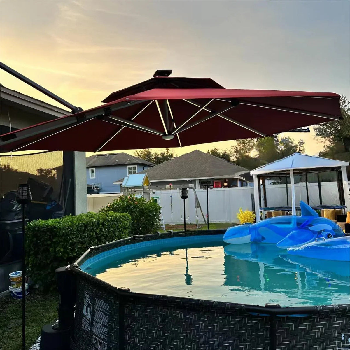 PURPLE LEAF Round Cantilever Umbrella with Base, Outdoor Umbrellas with Lights