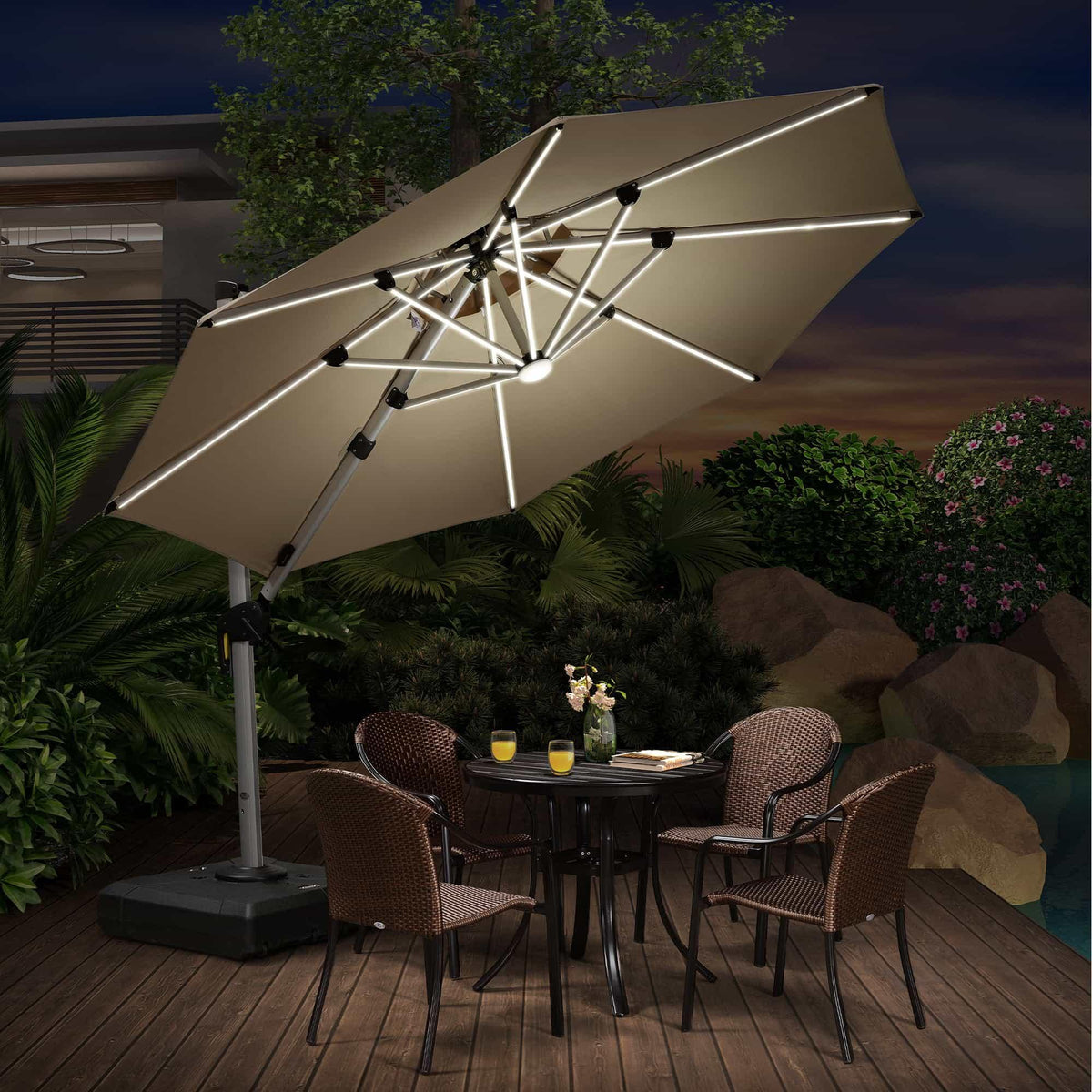 PURPLE LEAF Round Solar Lighted Cantilever Umbrella Outside Patio Umbrella with Lights