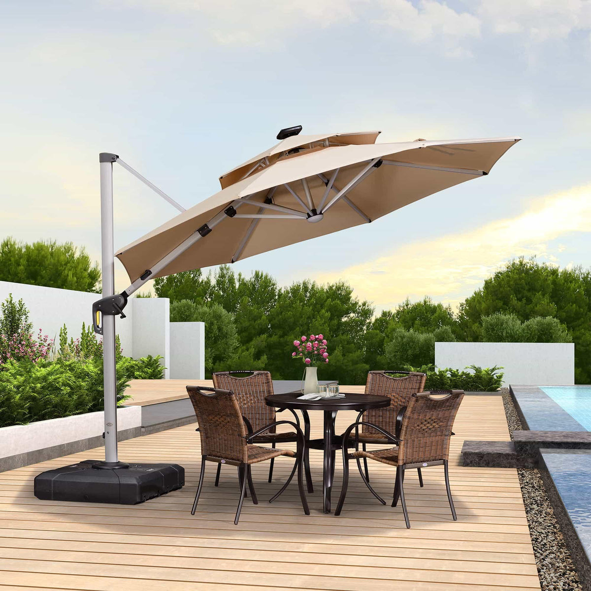 PURPLE LEAF Round Solar Lighted Cantilever Umbrella Outside Patio Umbrella with Lights