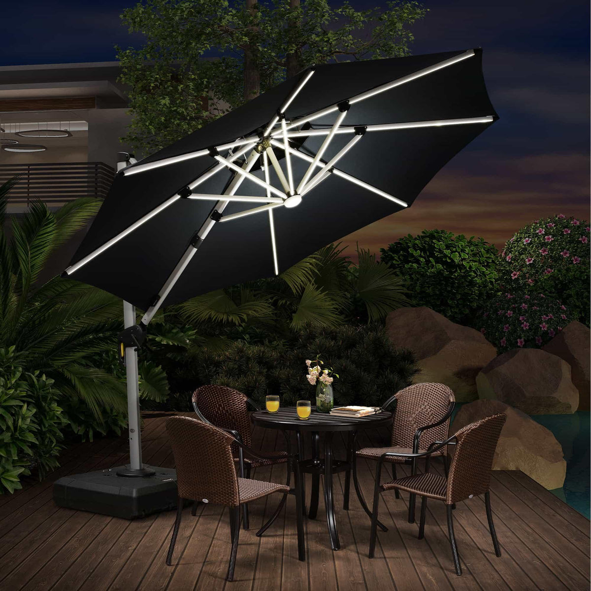 PURPLE LEAF Round Solar Lighted Cantilever Umbrella Outside Patio Umbrella with Lights