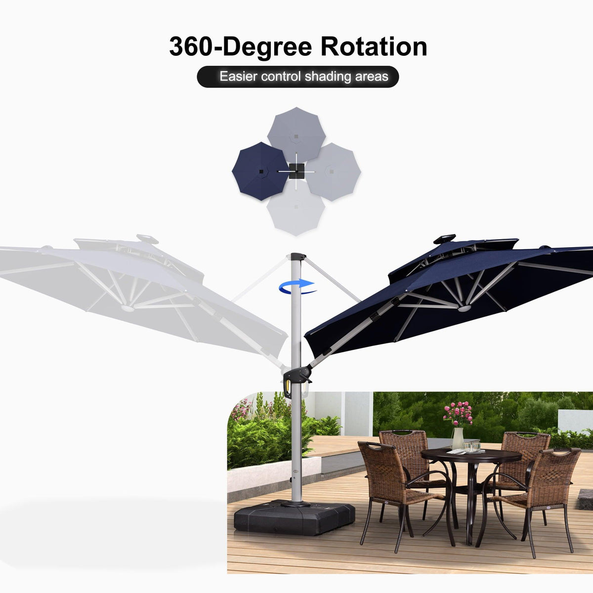 PURPLE LEAF Round Solar Lighted Cantilever Umbrella Outside Patio Umbrella with Lights
