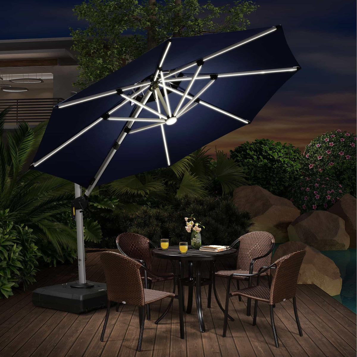 PURPLE LEAF Round Solar Lighted Cantilever Umbrella Outside Patio Umbrella with Lights