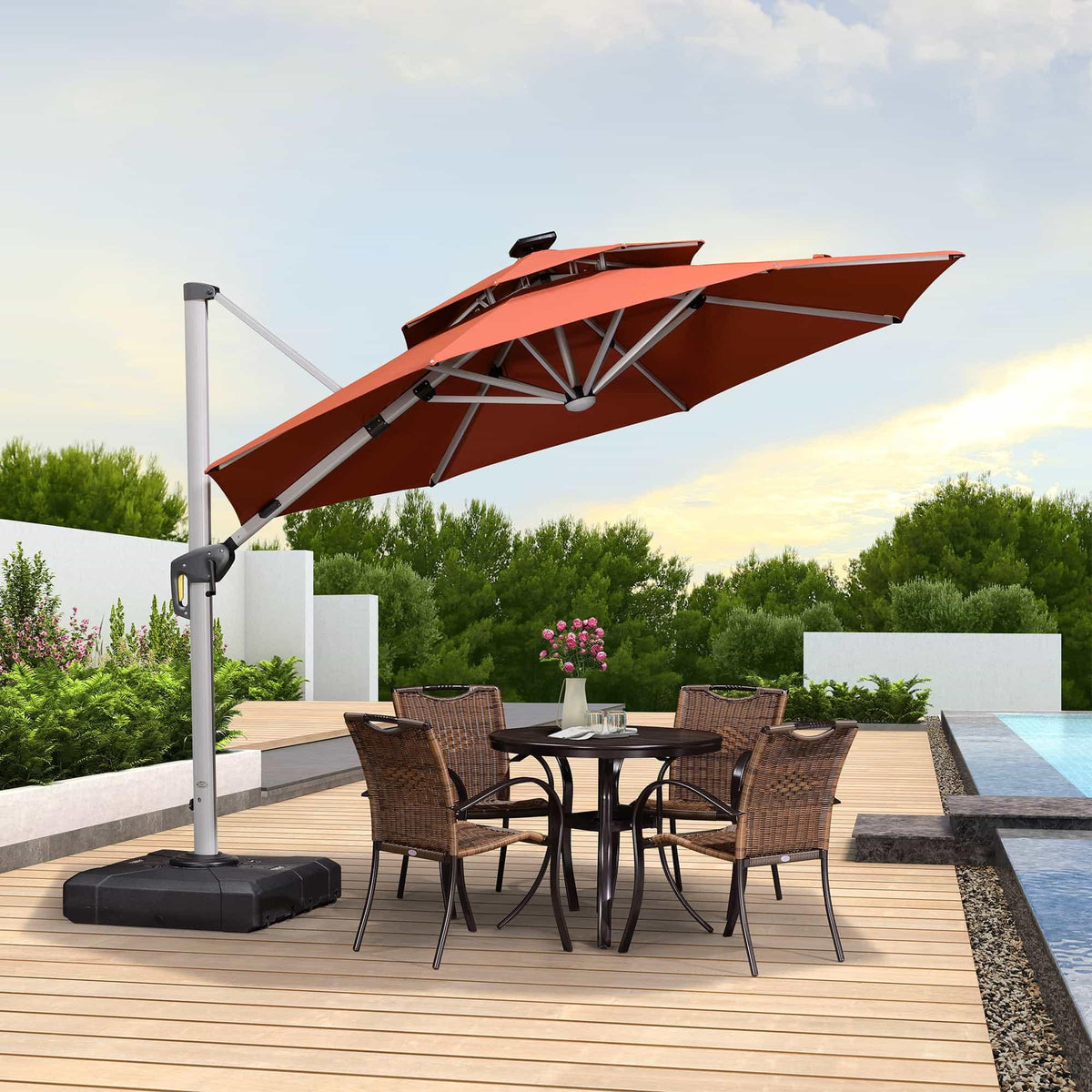 PURPLE LEAF Round Solar Lighted Cantilever Umbrella Outside Patio Umbrella with Lights