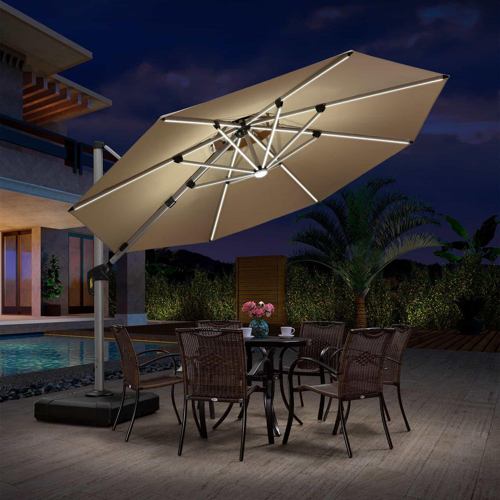 PURPLE LEAF Round Solar Lighted Cantilever Umbrella Outside Patio Umbrella with Lights