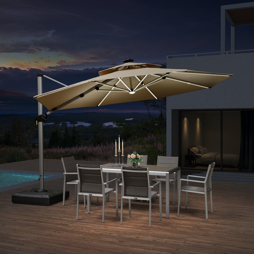 PURPLE LEAF Round Solar Lighted Cantilever Umbrella Outside Patio Umbrella with Lights