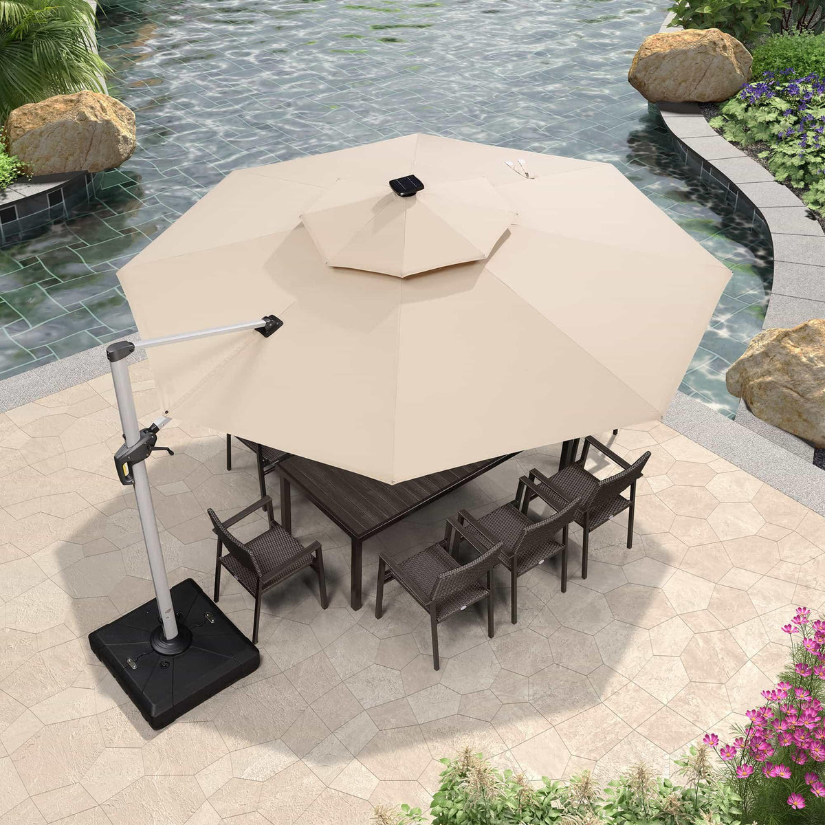 PURPLE LEAF Round Solar Lighted Cantilever Umbrella Outside Patio Umbrella with Lights