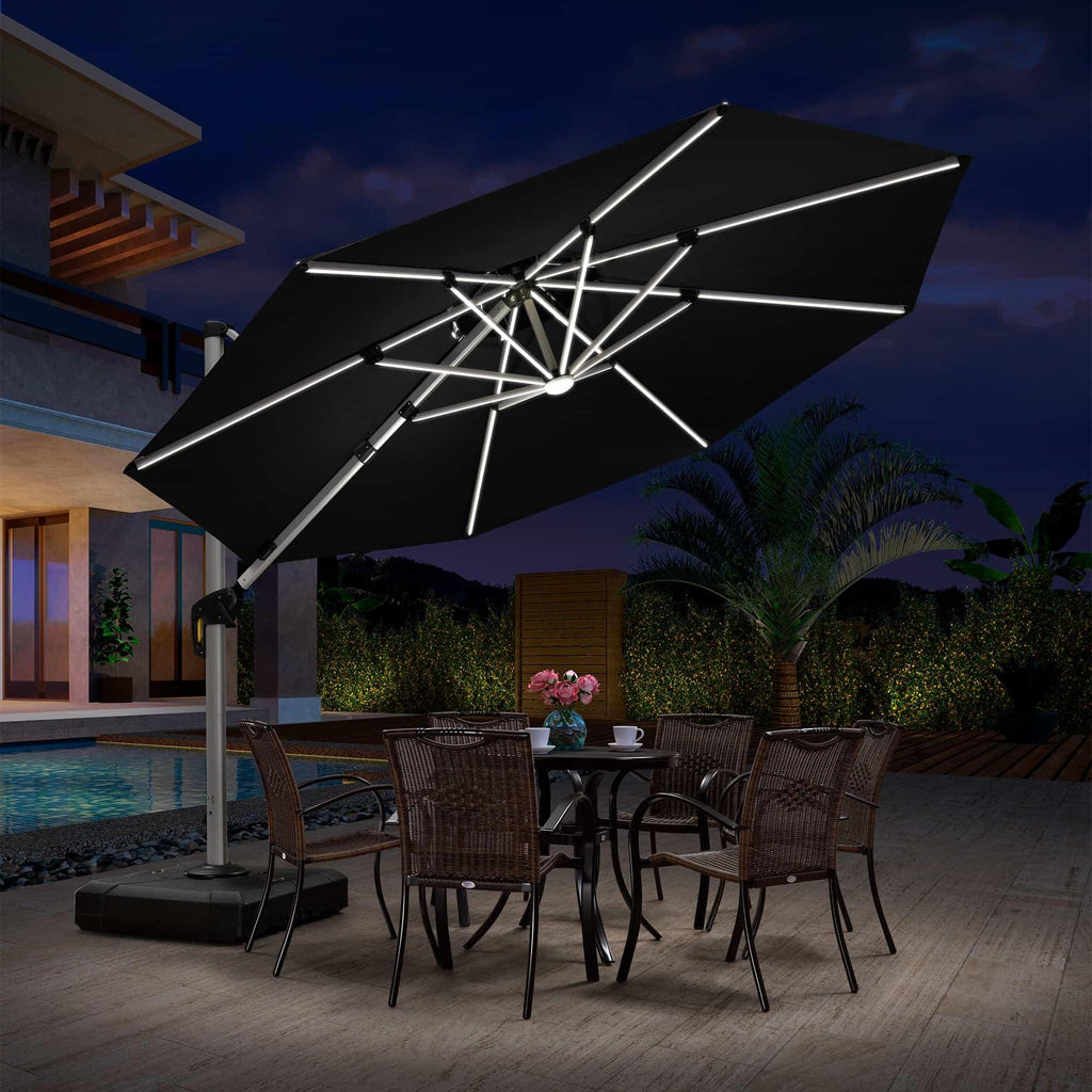 PURPLE LEAF Round Solar Lighted Cantilever Umbrella Outside Patio Umbrella with Lights