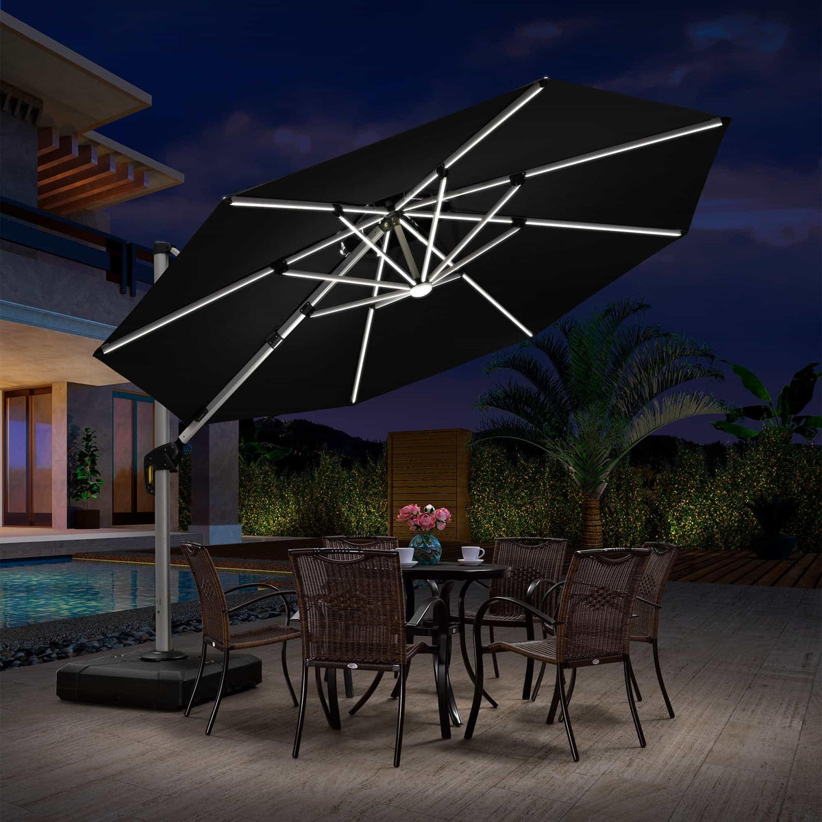 PURPLE LEAF Round Solar Lighted Cantilever Umbrella Outside Patio Umbrella with Lights