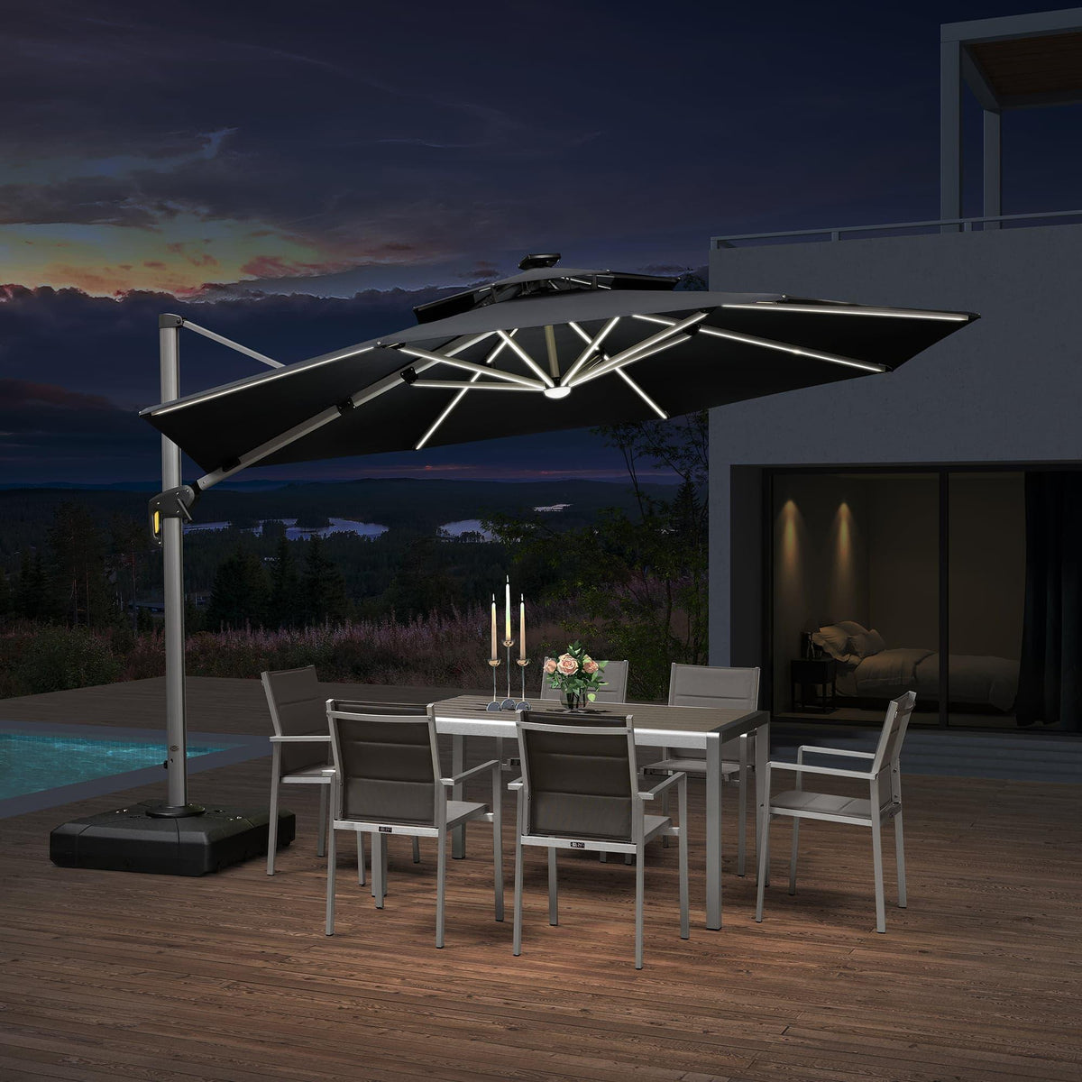 PURPLE LEAF Round Solar Lighted Cantilever Umbrella Outside Patio Umbrella with Lights