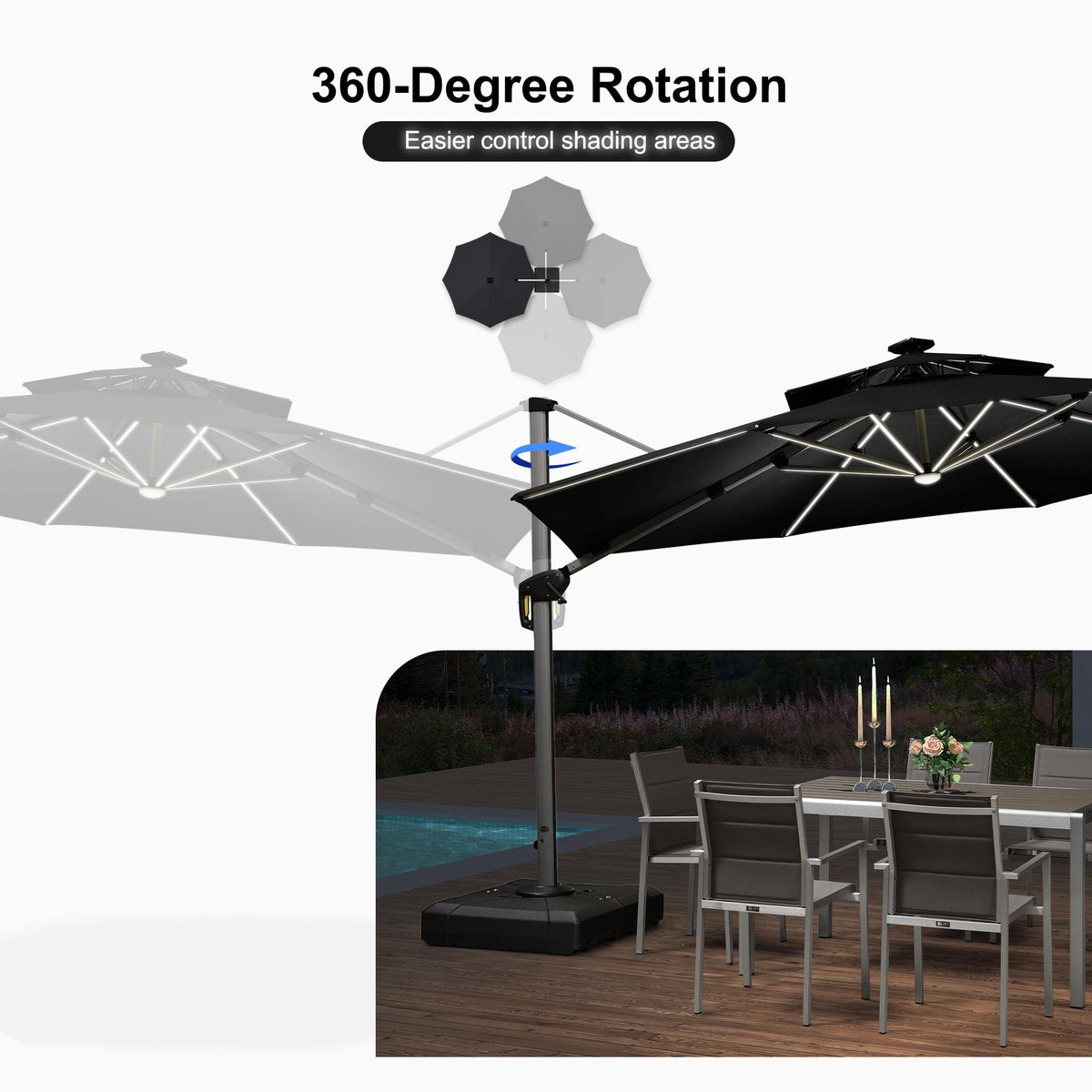 PURPLE LEAF Round Solar Lighted Cantilever Umbrella Outside Patio Umbrella with Lights