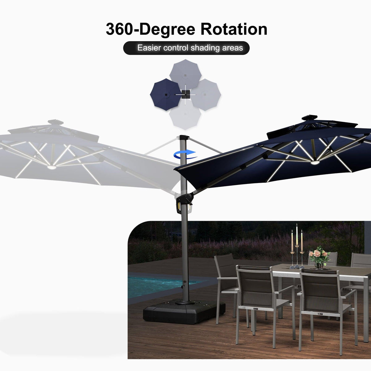 PURPLE LEAF Round Solar Lighted Cantilever Umbrella Outside Patio Umbrella with Lights