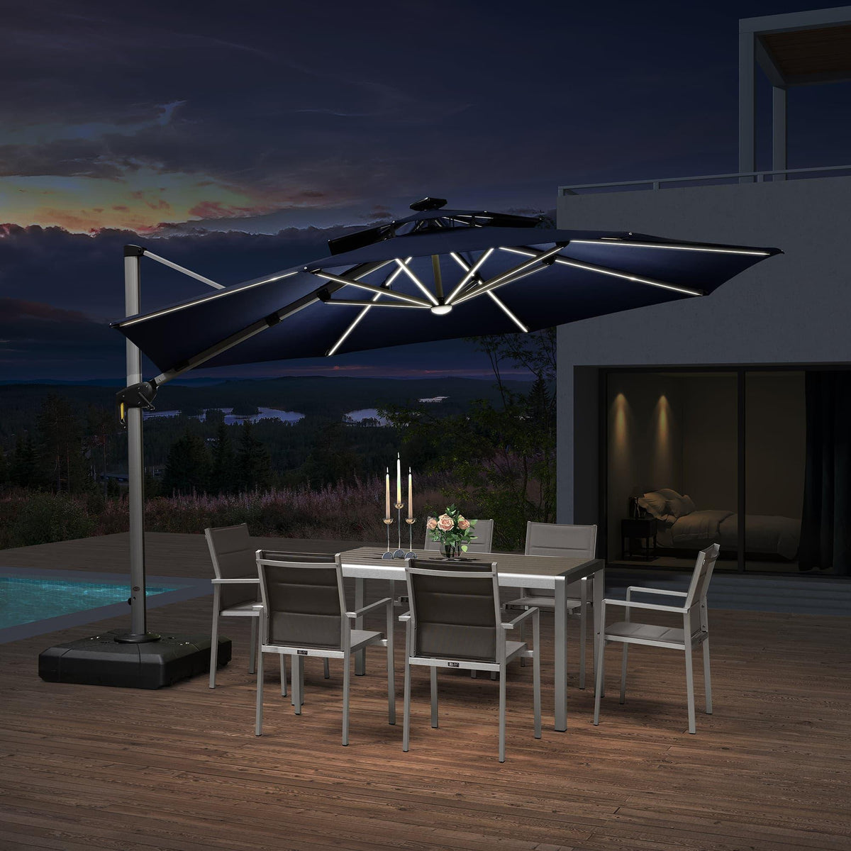 PURPLE LEAF Round Solar Lighted Cantilever Umbrella Outside Patio Umbrella with Lights