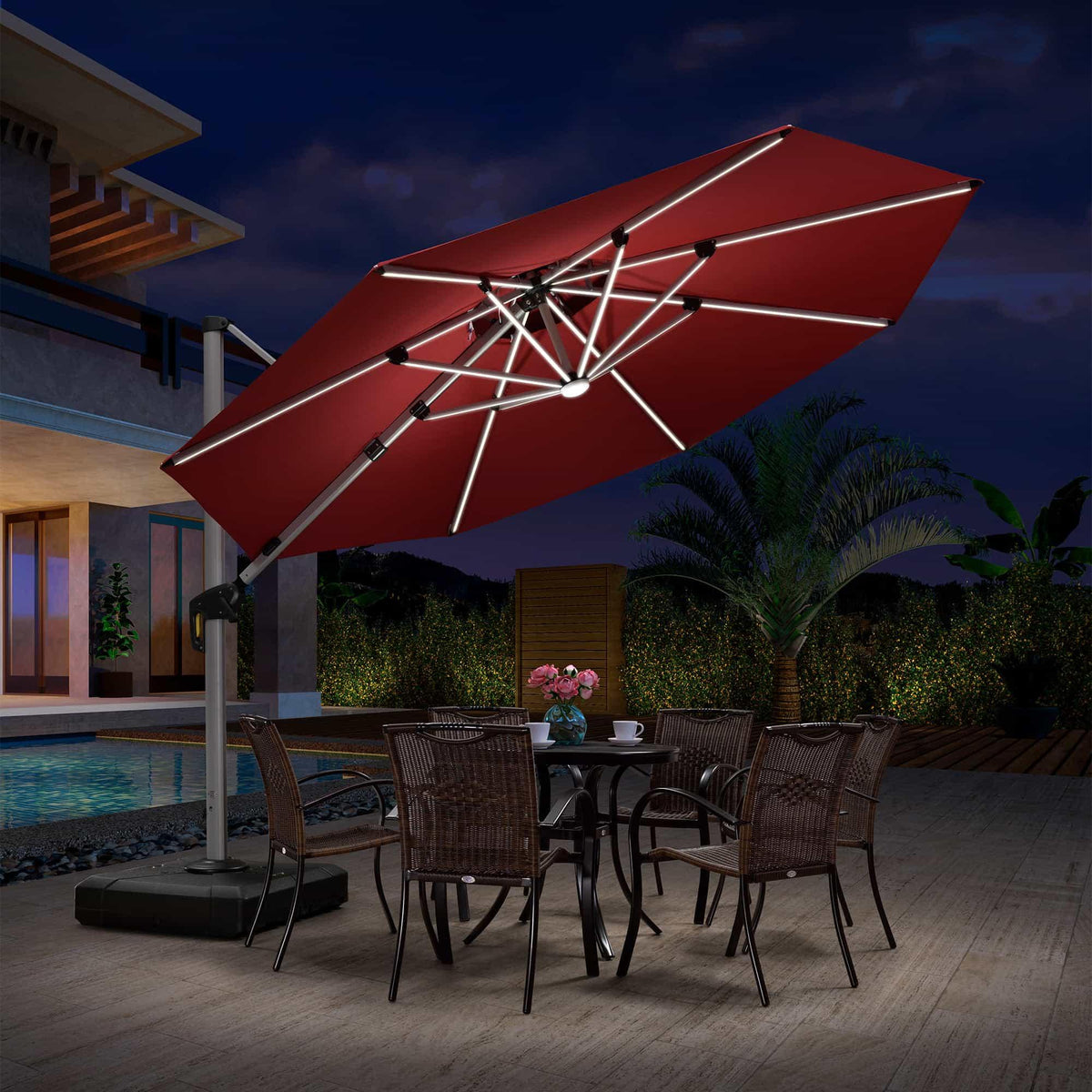 PURPLE LEAF Round Solar Lighted Cantilever Umbrella Outside Patio Umbrella with Lights