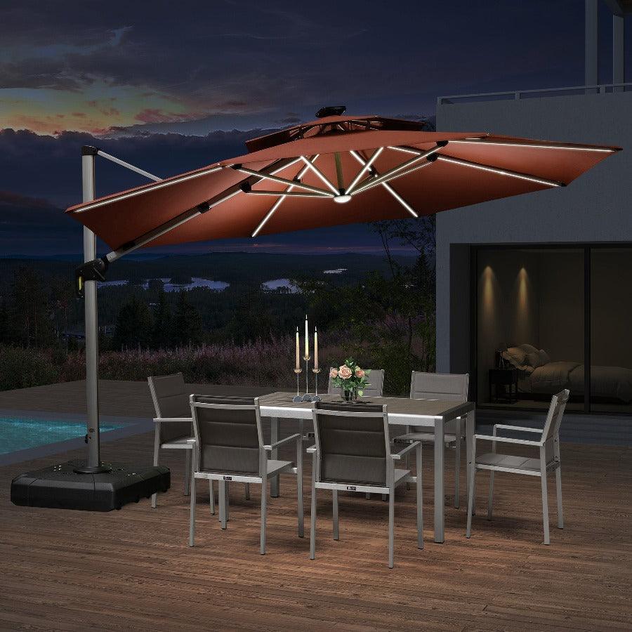 PURPLE LEAF Round Solar Lighted Cantilever Umbrella Outside Patio Umbrella with Lights