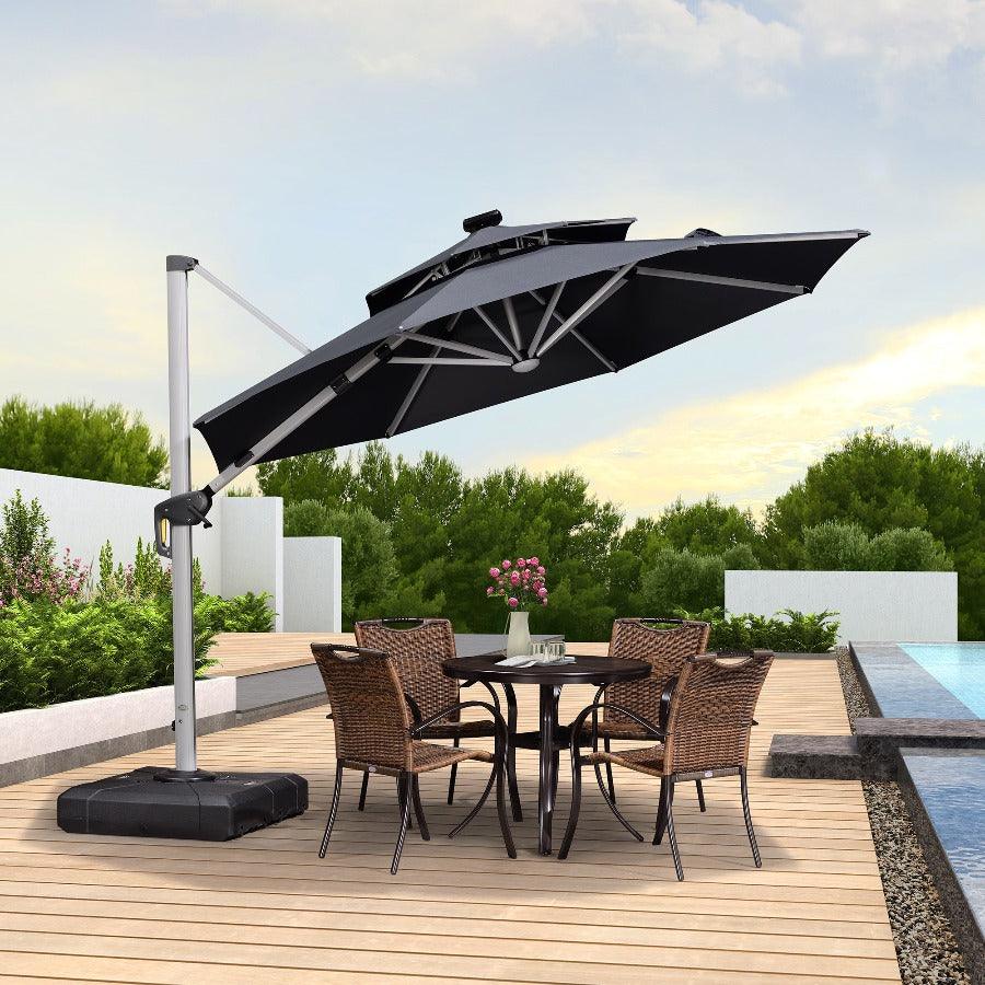 PURPLE LEAF Round Solar Lighted Cantilever Umbrella Outside Patio Umbrella with Lights