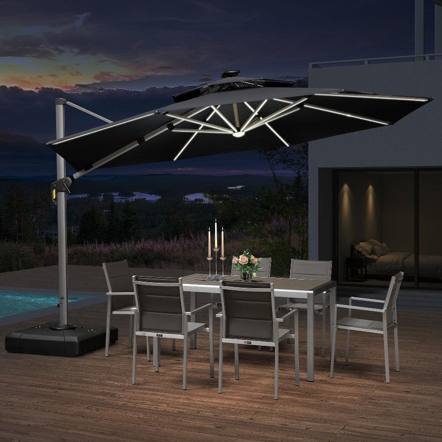 PURPLE LEAF Round Solar Lighted Cantilever Umbrella Outside Patio Umbrella with Lights