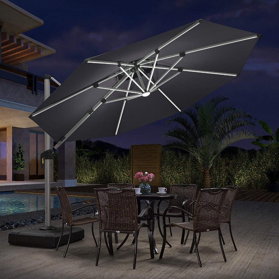 PURPLE LEAF Round Solar Lighted Cantilever Umbrella Outside Patio Umbrella with Lights