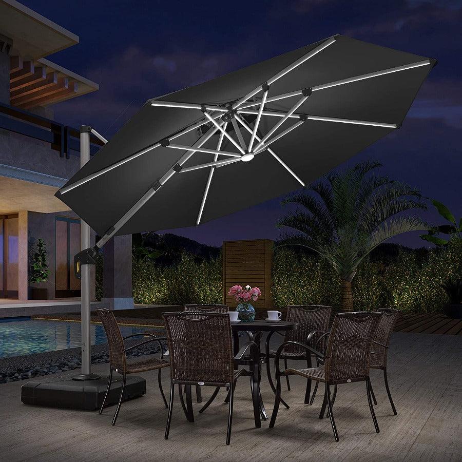 PURPLE LEAF Round Solar Lighted Cantilever Umbrella Outside Patio Umbrella with Lights