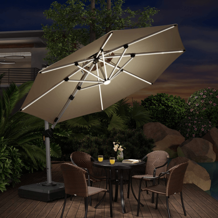 PURPLE LEAF Round Solar Lighted Cantilever Umbrella Outside Patio Umbrella with Lights