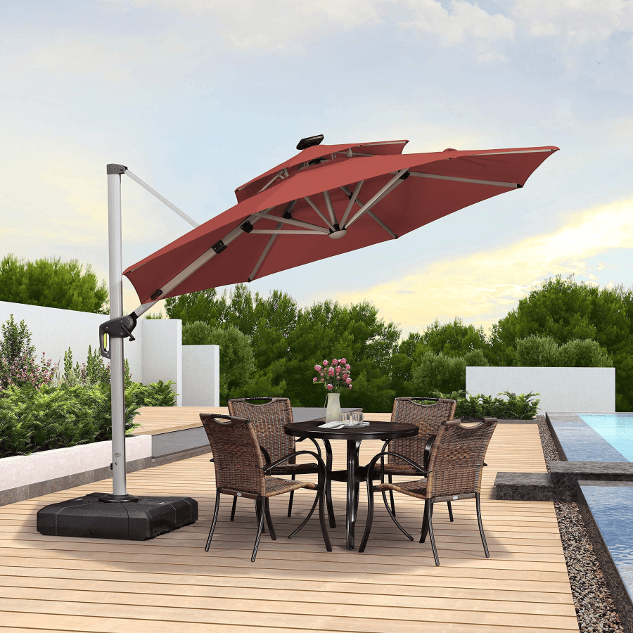 PURPLE LEAF Round Solar Lighted Cantilever Umbrella Outside Patio Umbrella with Lights