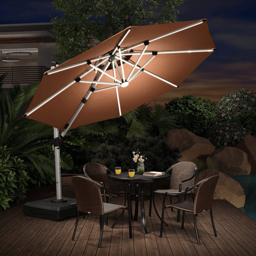 PURPLE LEAF Round Solar Lighted Cantilever Umbrella Outside Patio Umbrella with Lights