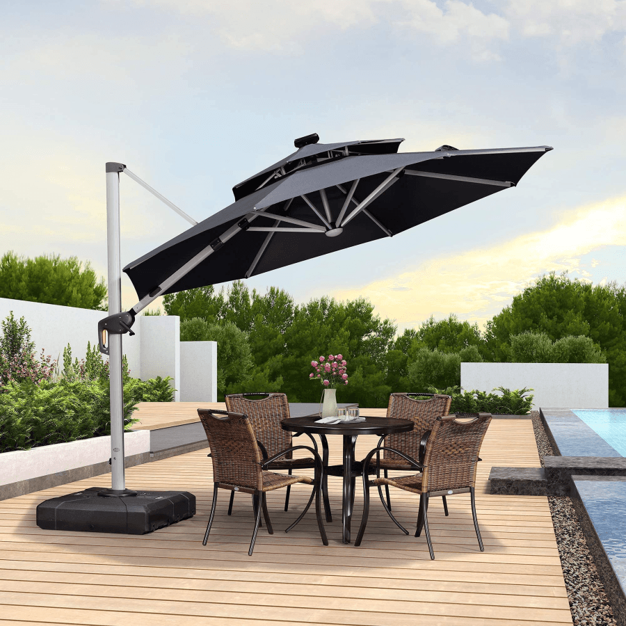 PURPLE LEAF Round Solar Lighted Cantilever Umbrella Outside Patio Umbrella with Lights