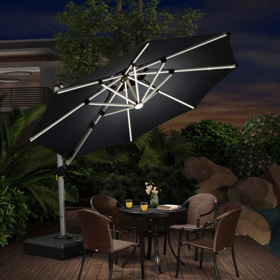 PURPLE LEAF Round Solar Lighted Cantilever Umbrella Outside Patio Umbrella with Lights