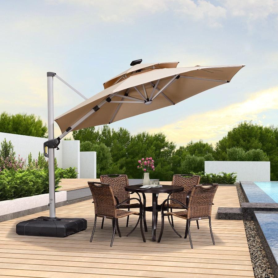 PURPLE LEAF Round Solar Lighted Cantilever Umbrella Outside Patio Umbrella with Lights