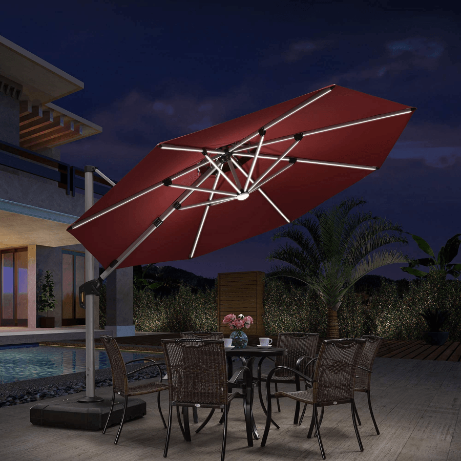 PURPLE LEAF Round Solar Lighted Cantilever Umbrella Outside Patio Umbrella with Lights