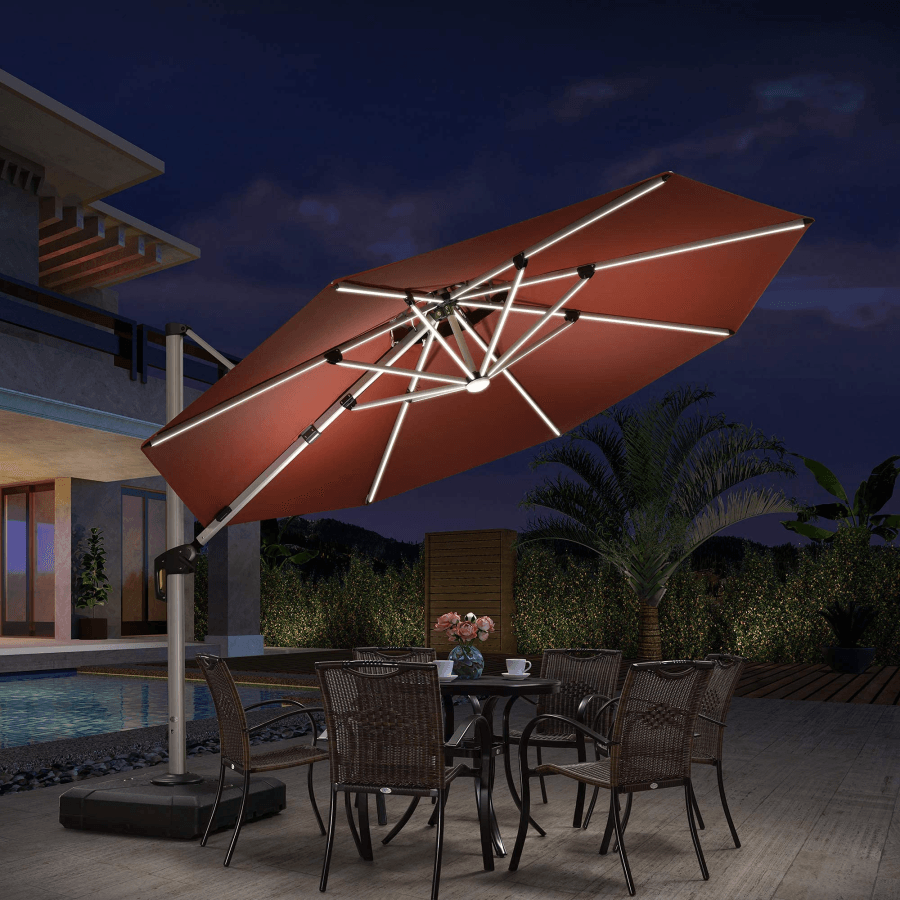 PURPLE LEAF Round Solar Lighted Cantilever Umbrella Outside Patio Umbrella with Lights