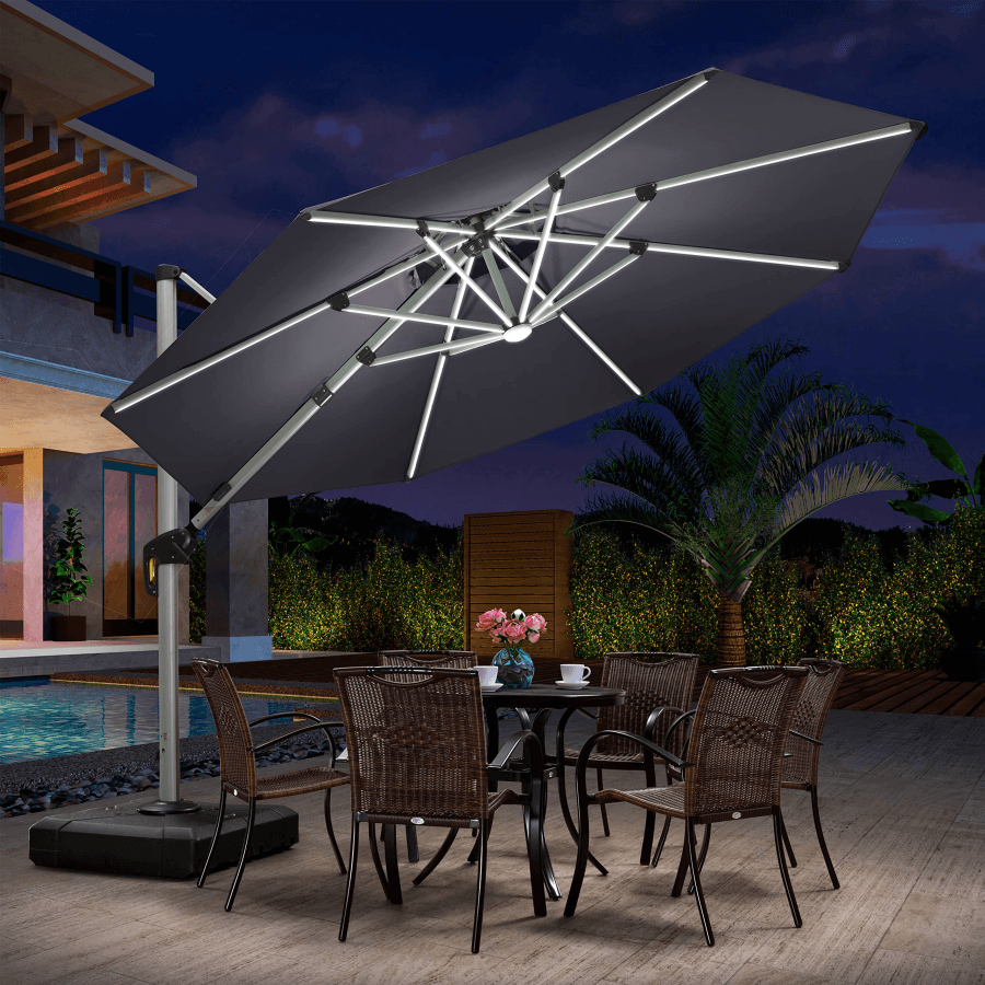 PURPLE LEAF Round Solar Lighted Cantilever Umbrella Outside Patio Umbrella with Lights