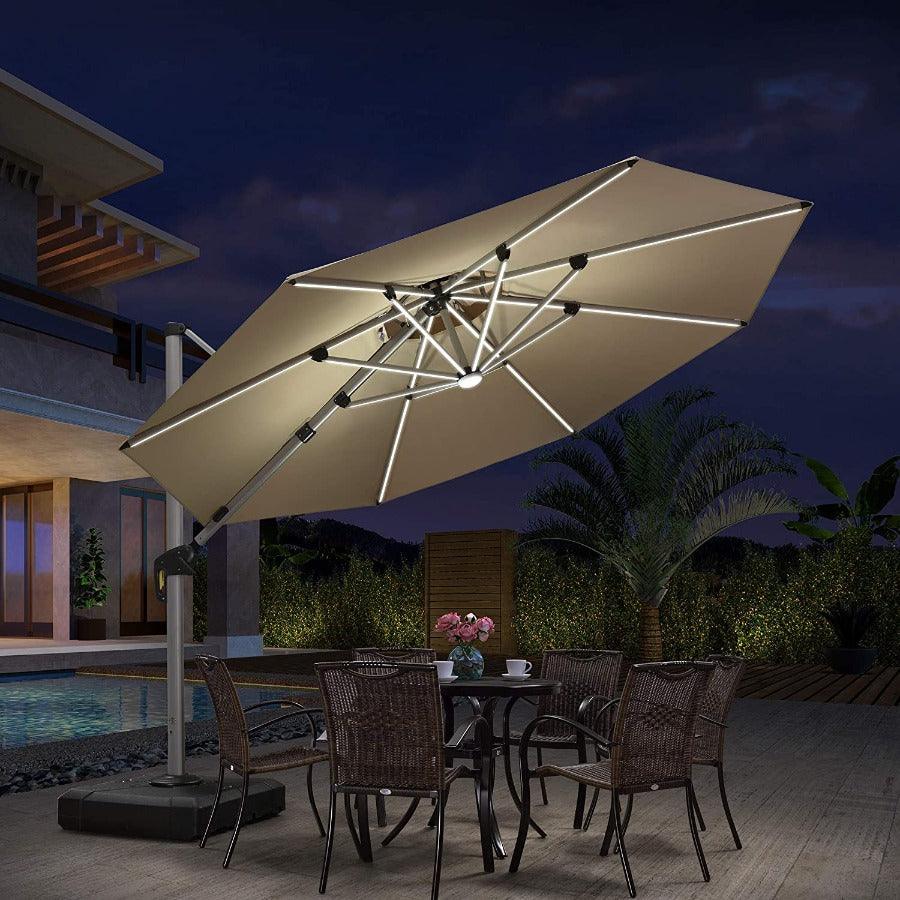 PURPLE LEAF Round Solar Lighted Cantilever Umbrella Outside Patio Umbrella with Lights