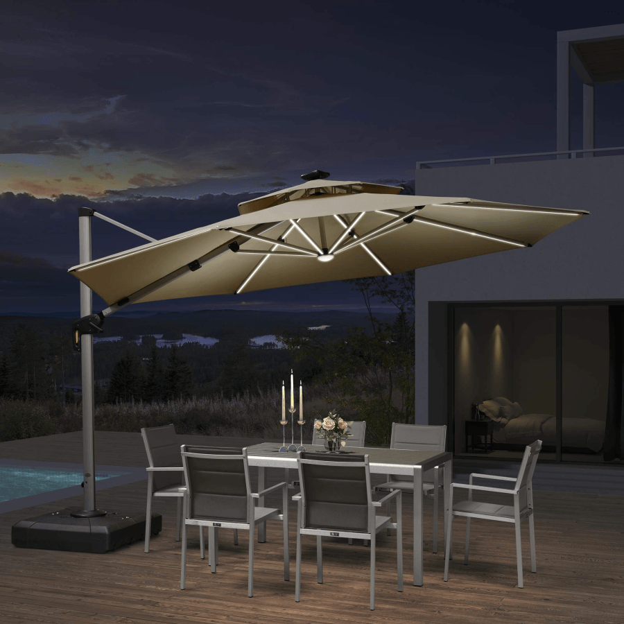PURPLE LEAF Round Solar Lighted Cantilever Umbrella Outside Patio Umbrella with Lights