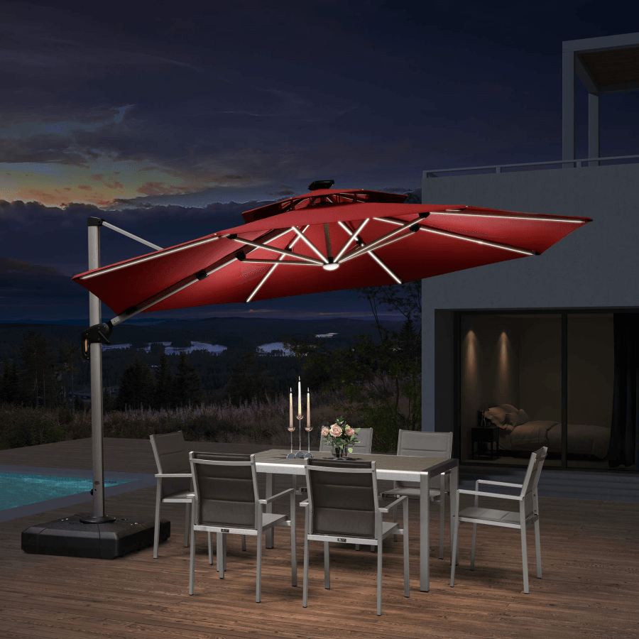 PURPLE LEAF Round Solar Lighted Cantilever Umbrella Outside Patio Umbrella with Lights