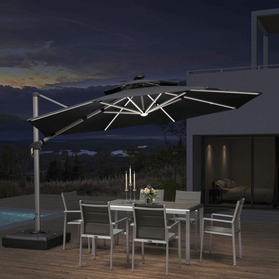 PURPLE LEAF Round Solar Lighted Cantilever Umbrella Outside Patio Umbrella with Lights