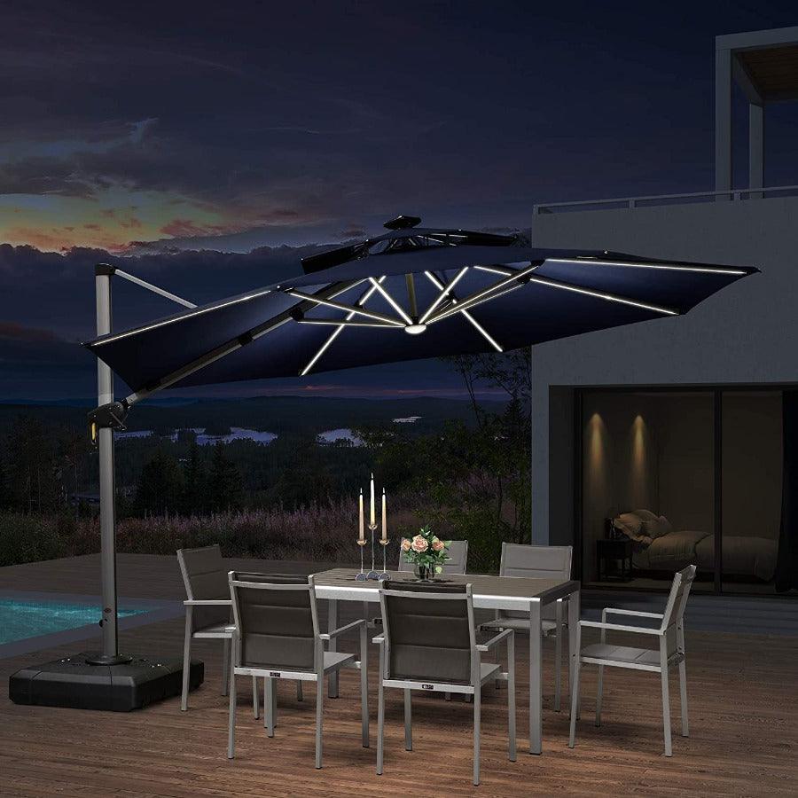 PURPLE LEAF Round Solar Lighted Cantilever Umbrella Outside Patio Umbrella with Lights