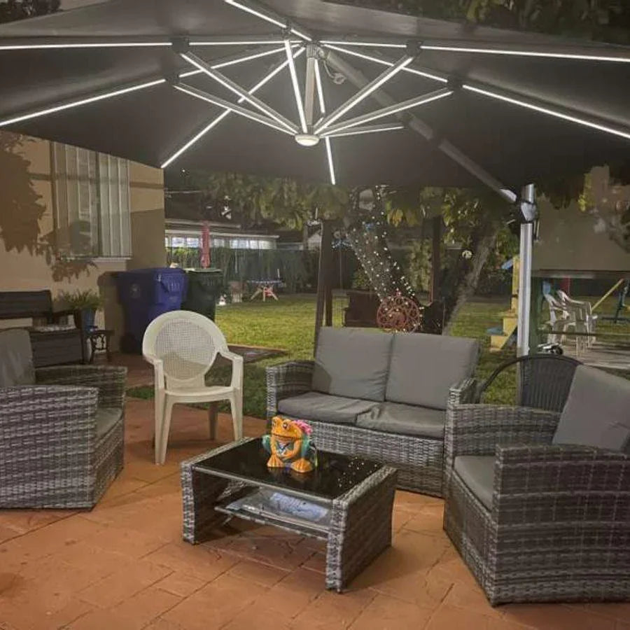 PURPLE LEAF Round Cantilever Umbrella with Base, Outdoor Umbrellas with Lights