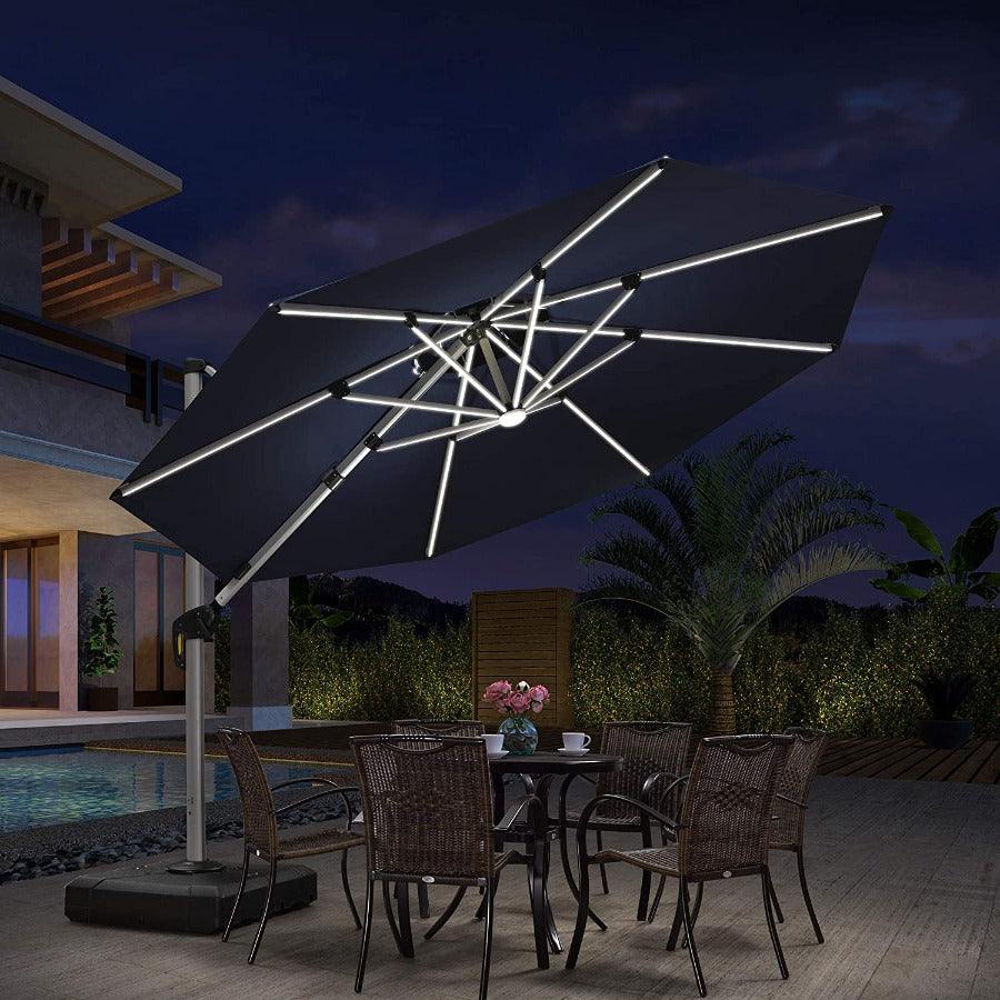 PURPLE LEAF Round Solar Lighted Cantilever Umbrella Outside Patio Umbrella with Lights