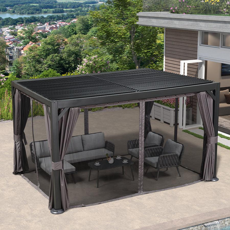 PURPLE LEAF Outdoor Adjustable Louvered Aluminum Pergola Metal Roof Hardtop Gazebo with Upgrade Curtain