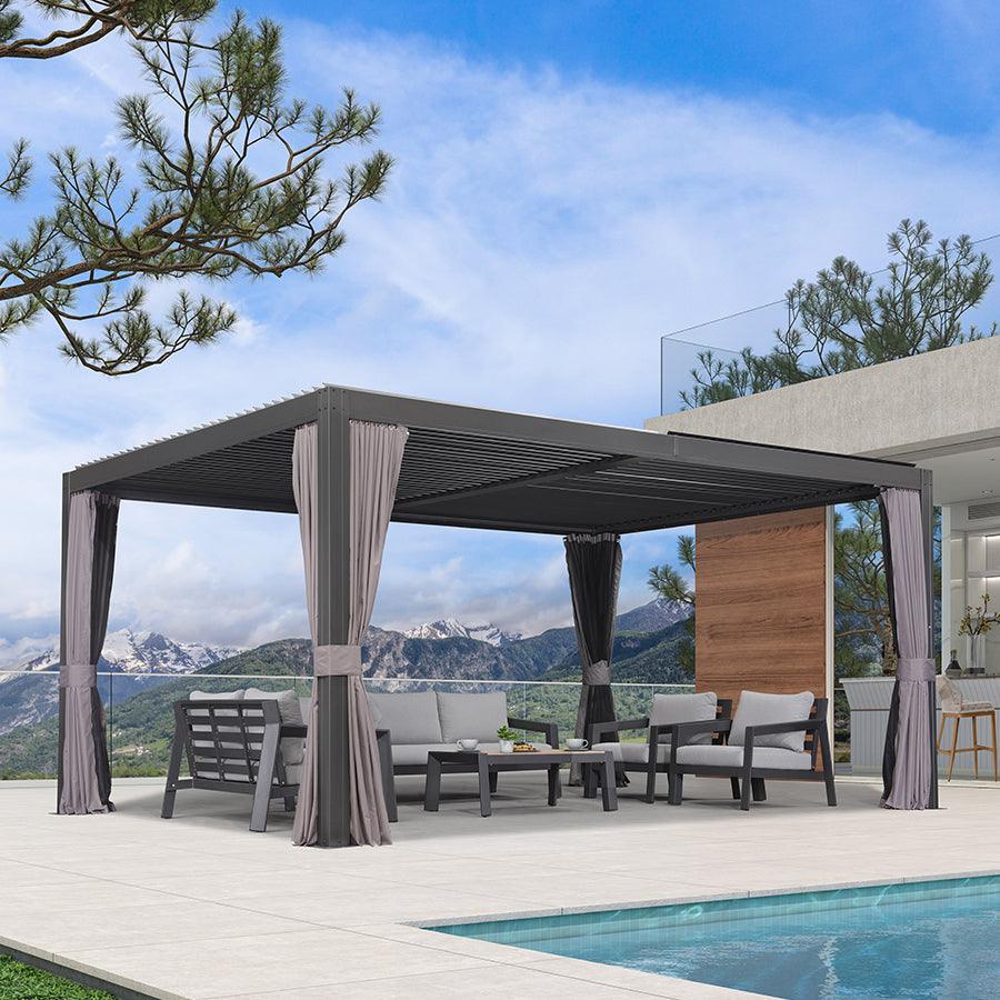 PURPLE LEAF Outdoor Adjustable Louvered Aluminum Pergola Metal Roof Hardtop Gazebo with Upgrade Curtain