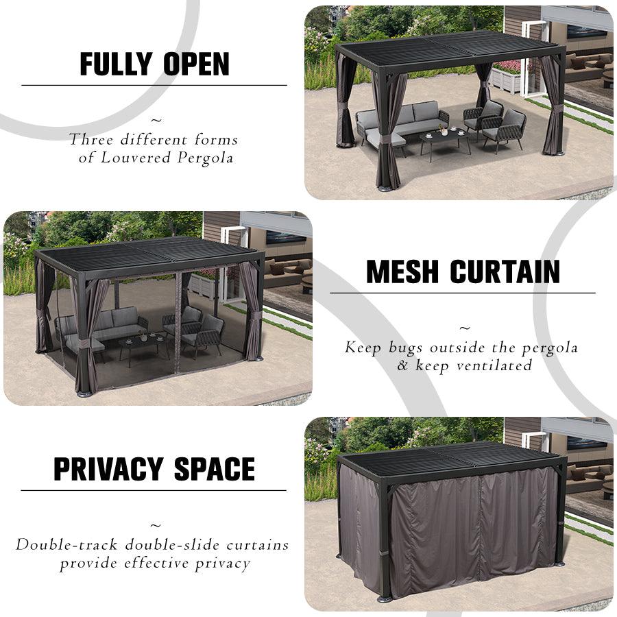 PURPLE LEAF Outdoor Adjustable Louvered Aluminum Pergola Metal Roof Hardtop Gazebo with Upgrade Curtain