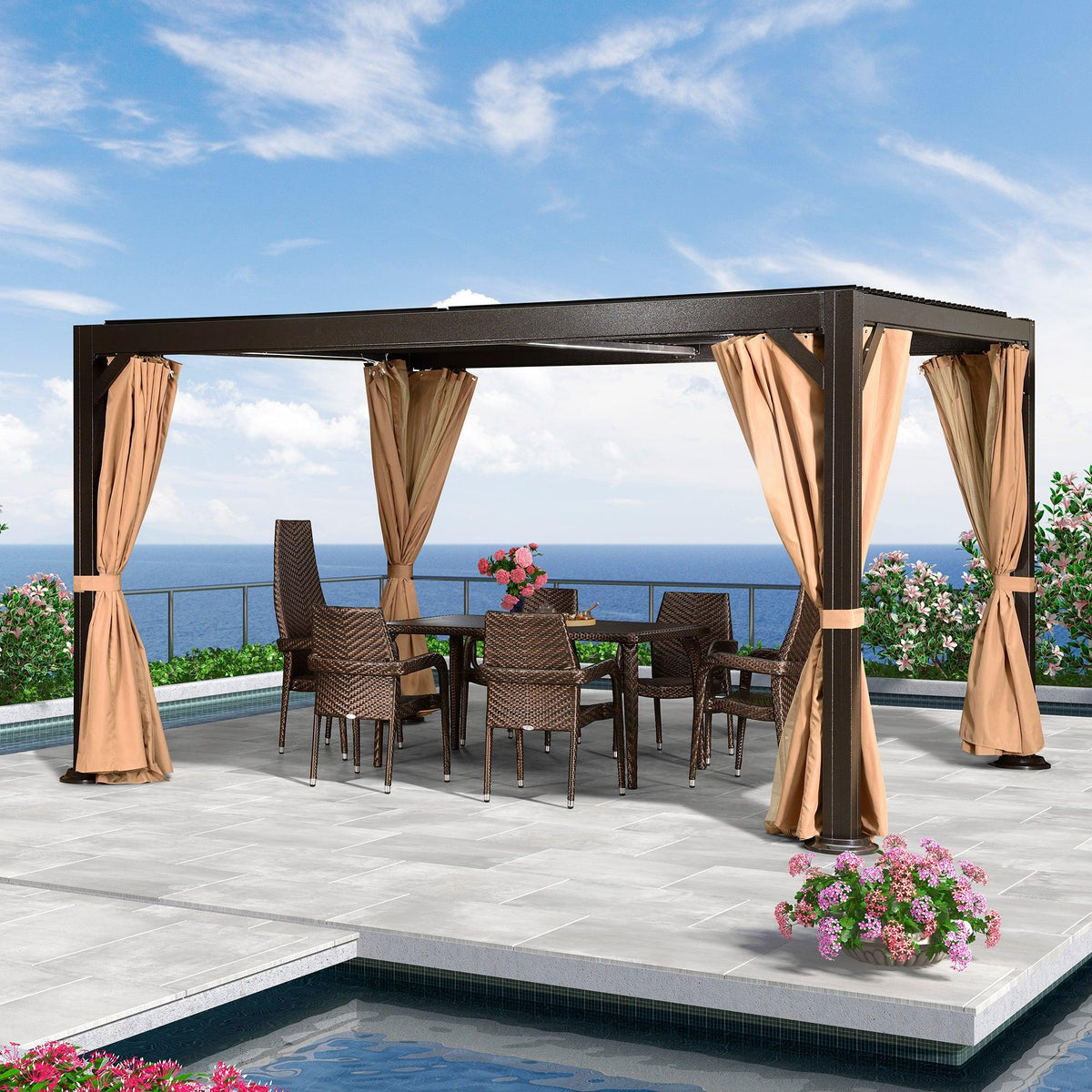 PURPLE LEAF Outdoor Adjustable Louvered Aluminum Pergola Metal Roof Hardtop Gazebo with Upgrade Curtain