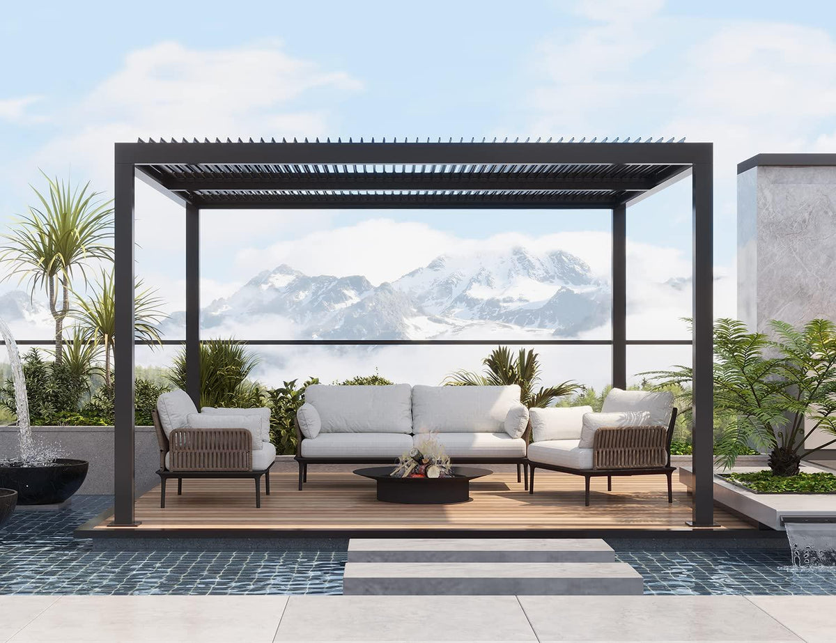 PURPLE LEAF Outdoor Adjustable Louvered Aluminum Pergola Metal Roof Hardtop Gazebo with Upgrade Curtain