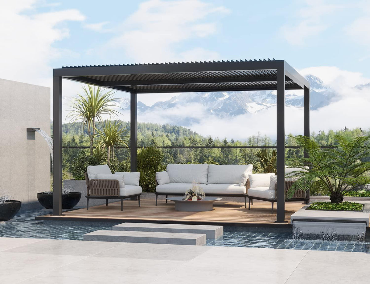 PURPLE LEAF Outdoor Adjustable Louvered Aluminum Pergola Metal Roof Hardtop Gazebo with Upgrade Curtain