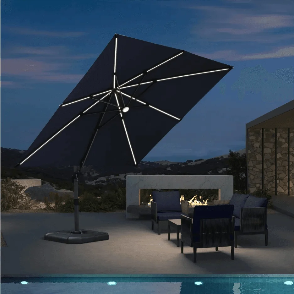 PURPLE LEAF – Parasol de terrasse déporté 10ft avec éclairage LED, rotation 360° et inclinaison