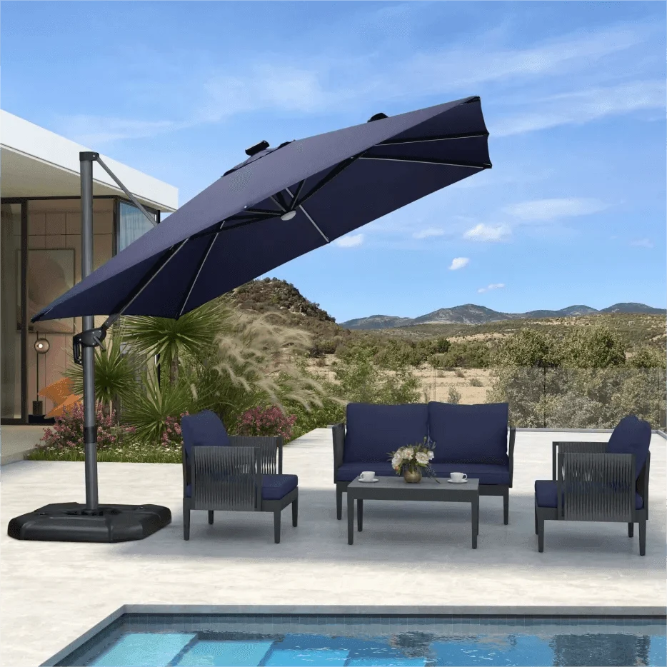 PURPLE LEAF – Parasol de terrasse déporté 10ft avec éclairage LED, rotation 360° et inclinaison