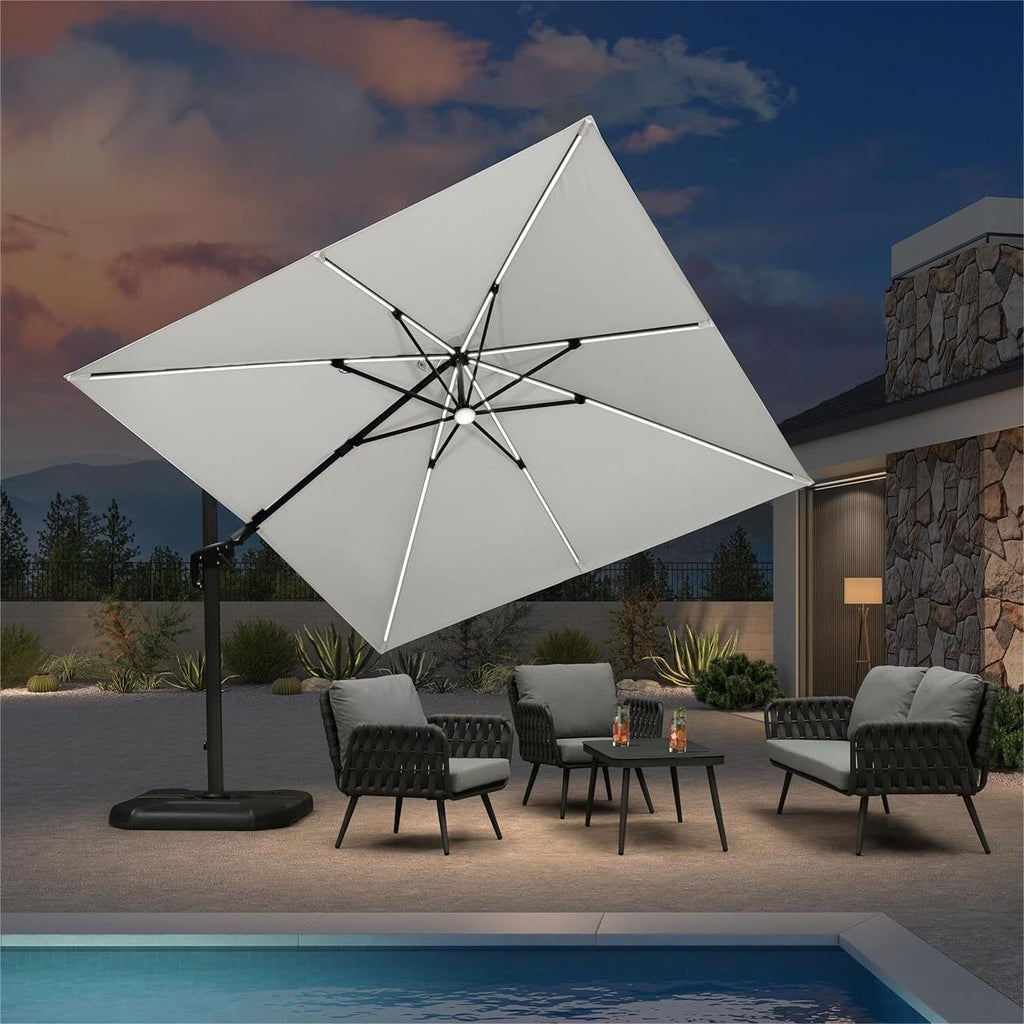 PURPLE LEAF – Parasol de terrasse déporté 10ft avec éclairage LED, rotation 360° et inclinaison