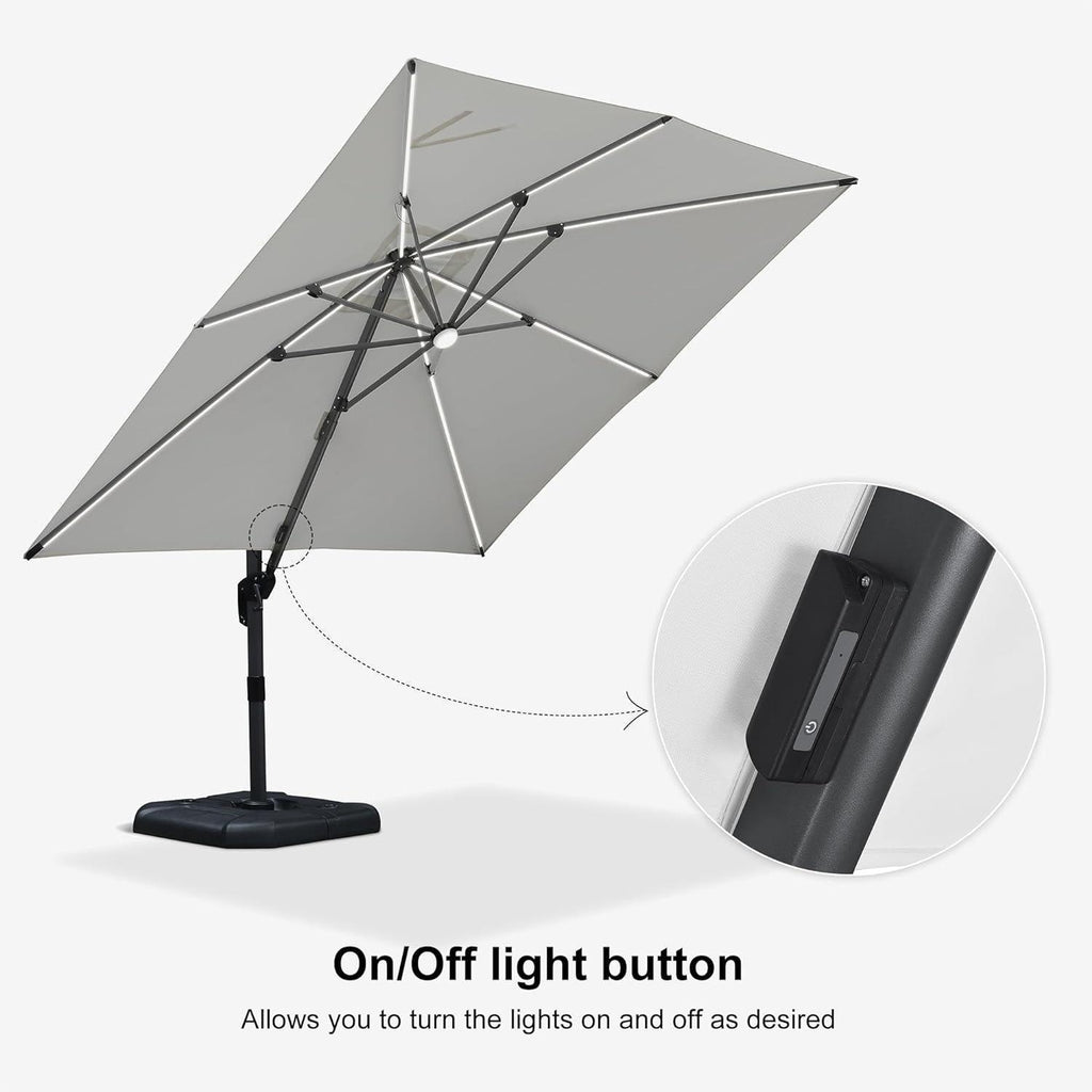PURPLE LEAF – Parasol de terrasse déporté 10ft avec éclairage LED, rotation 360° et inclinaison