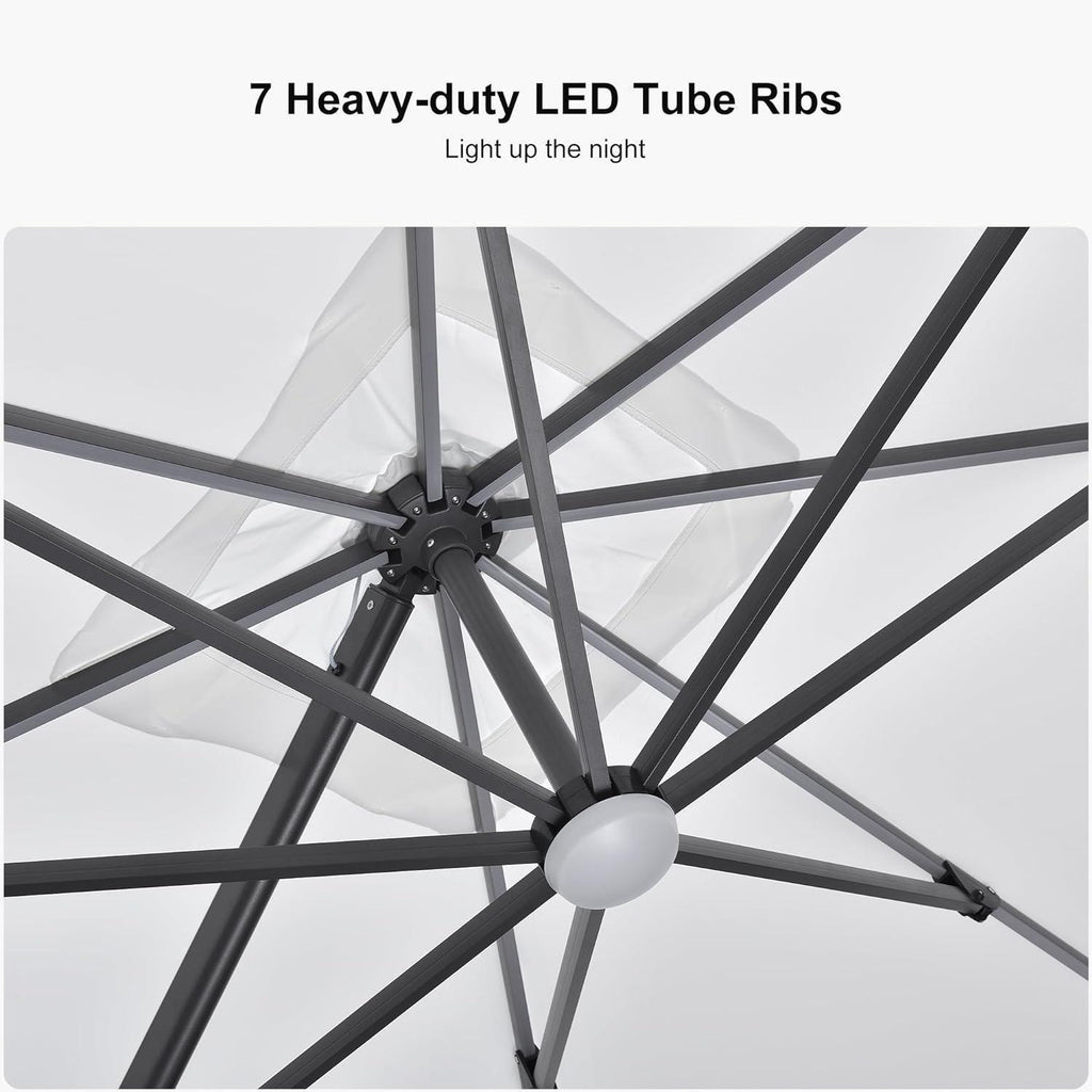 PURPLE LEAF – Parasol de terrasse déporté 10ft avec éclairage LED, rotation 360° et inclinaison