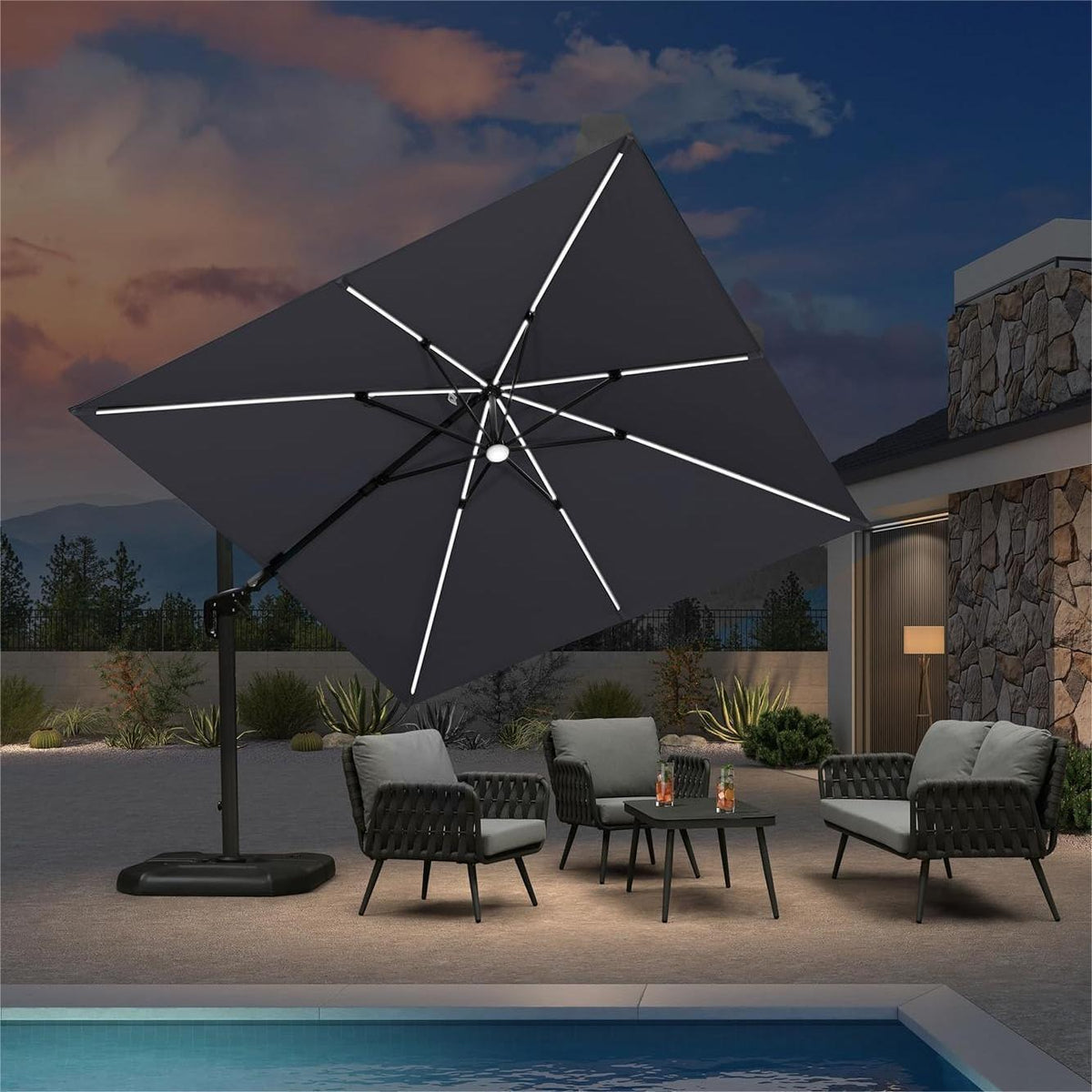 PURPLE LEAF – Parasol de terrasse déporté 10ft avec éclairage LED, rotation 360° et inclinaison